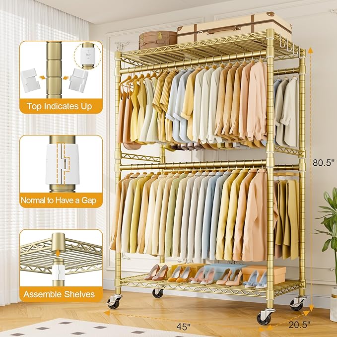 P4 Plus Rolling Clothes Rack Heavy Duty, Clothing Racks for Hanging Clothes, Free Standing Garment Racks with Wheels, Portable Closet Rack 45'' W × 20.5'' D × 80.5'' H, Max Load 570 Lbs, Gold
