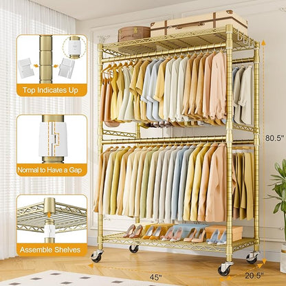 P4 Plus Rolling Clothes Rack Heavy Duty, Clothing Racks for Hanging Clothes, Free Standing Garment Racks with Wheels, Portable Closet Rack 45'' W × 20.5'' D × 80.5'' H, Max Load 570 Lbs, Gold