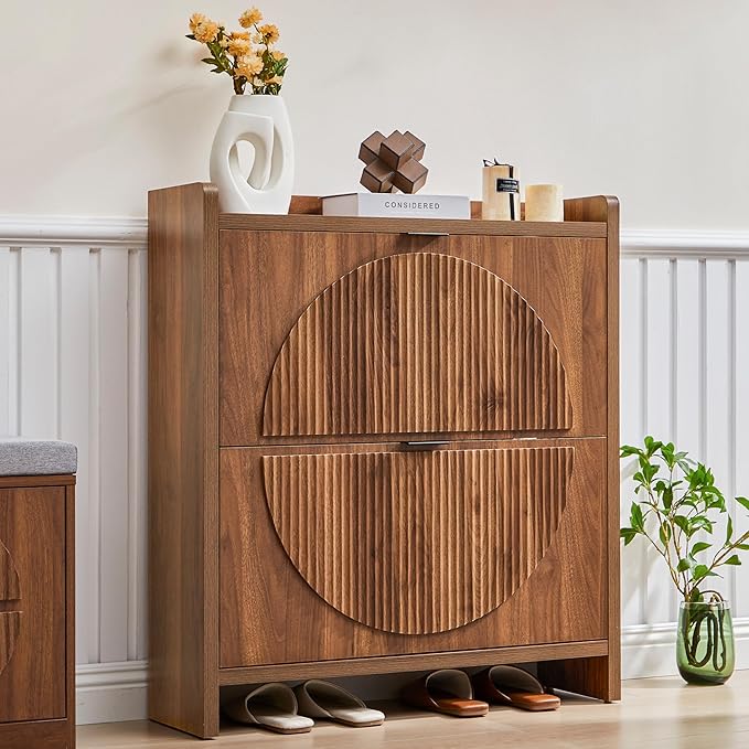 Narrow Shoe Cabinet with 2 Flip Drawers for Entryway,Wood Slim Shoe Rack Cabinet, Freestanding Hidden Shoe Storage Organizer, Space-Saving, Round Fluted Pattern for Hallway,Living Room (Walnut)