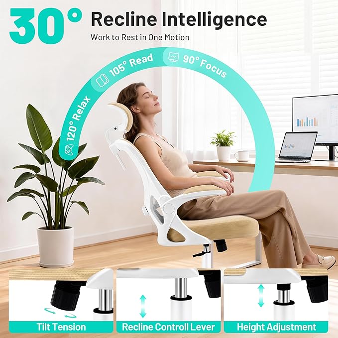 Office Chair - Ergonomic Desk Chair Breathable Mesh Chair with 2D Headrest & Adjustable Lumbar Support - Executive High Back Rolling Swivel Computer Gaming Chair with Wheels Flip-up Armrests