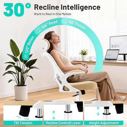Office Chair - Ergonomic Desk Chair Breathable Mesh Chair with 2D Headrest & Adjustable Lumbar Support - Executive High Back Rolling Swivel Computer Gaming Chair with Wheels Flip-up Armrests
