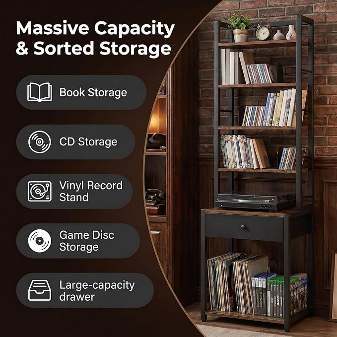 CD Storage Rack, 6-Tier DVD Organizer Shelf with Drawer & Adjustable Book Stoppers, Vinyl Record Holder &Multi-Purpose Media Organizer, Ideal for Living Room/Home Office,15.7x11.8x64.3Inch