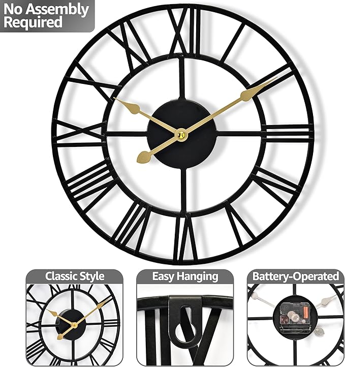Sorbus Large Wall Clock for Living Room Decor - 12 inch Big Wall Clock Decorative - Battery Operated - Roman Numeral Analog Large Clock for Bedroom, Room, Home, Kitchen, Office, Wall Decor (Black)