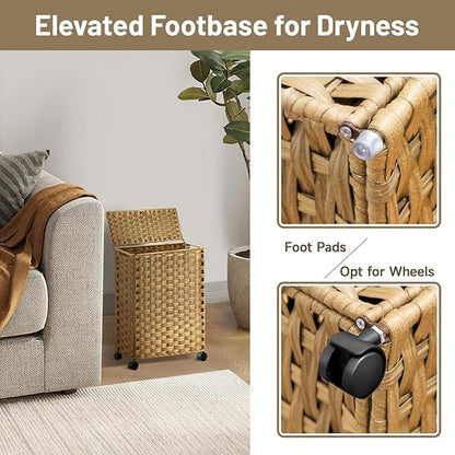 Toilet Paper Storage Basket with Lid and Wheels, Rattan Toilet Paper Holder Storage, Toilet Paper Organizer for Bathroom, Bedroom, Kitchen, 12.6”L x 7.1”W x 17.14”H, Naturall