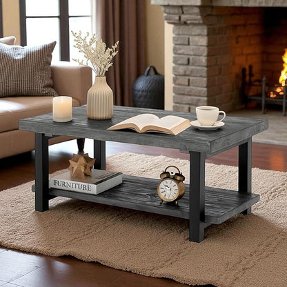 Pomona 42-Inch Rectangular Solid Wood Coffee Table with Storage Shelf & Metal Legs – Modern Rustic Industrial Living Room Table by Alaterre Furniture (Slate Grey)
