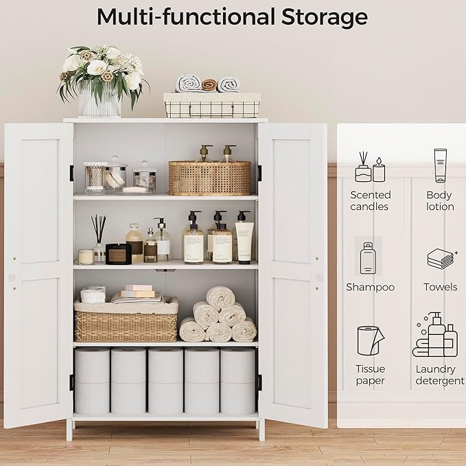 Homleke Farmhouse Bathroom Cabinet with Adjustable Shelves, Free-Standing Storage Cabinet with Barn Doors, for Kitchen, Living Room, Dining Room, Entryway, White