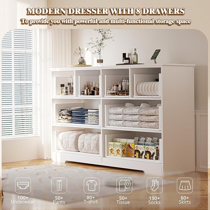 Dresser for Bedroom with Power Outlets Wide Chest of Drawers with 8 Drawers Modern Wooden Dressers with Metal Handle Large Closet Store Organizer for Bedroom Living Room Hallway Closet White