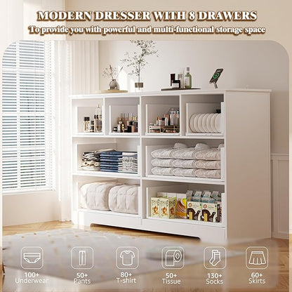Dresser for Bedroom with Power Outlets Wide Chest of Drawers with 8 Drawers Modern Wooden Dressers with Metal Handle Large Closet Store Organizer for Bedroom Living Room Hallway Closet White