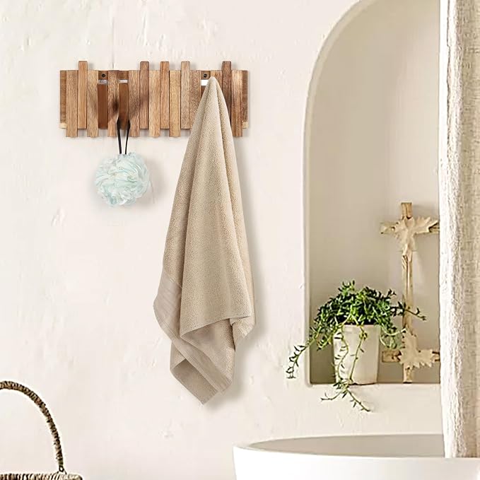 Wall Coat Rack for Entryway: Rustic Wooden Folding 8 Hooks Mount 16.5inch Decorative Piano Hanger for Farmhouse Hallway Bathroom for Towel Backpack Jacket (Staggered Style)