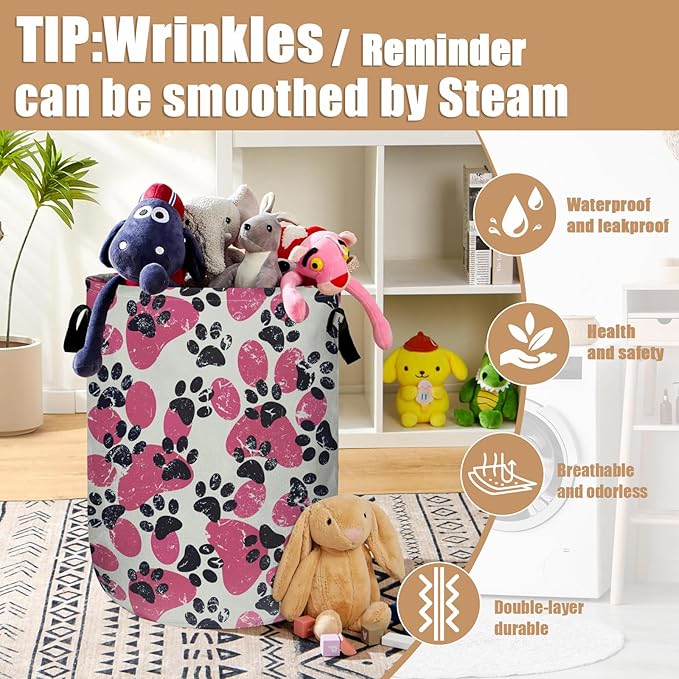 Pink Paw Print Laundry Basket, Foldable Waterproof Laundry Hamper Tote Bag Dirty Clothes Storage Bucket Toy Organizer for Bathroom/Laundry/Bedroom 15.7"x19.6"