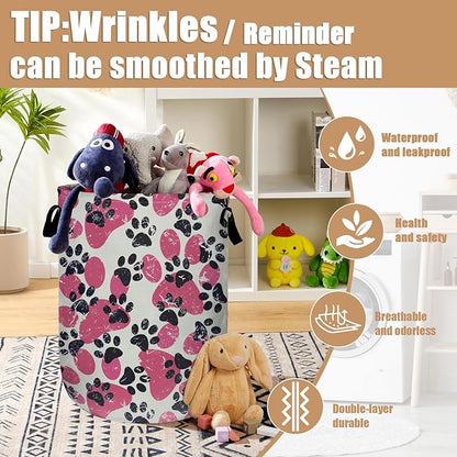 Pink Paw Print Laundry Basket, Foldable Waterproof Laundry Hamper Tote Bag Dirty Clothes Storage Bucket Toy Organizer for Bathroom/Laundry/Bedroom 15.7"x19.6"
