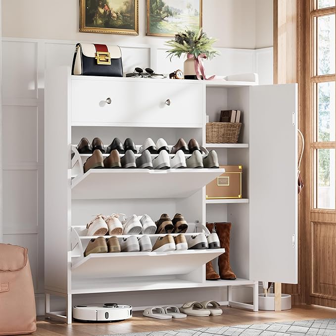 YESHOMY Shoe Cabinet for Entryway, Shoe Storage Cabinet with 2 Flip-Front Doors & Drawers, Shoes Organizer for Living Room and Hallway, White