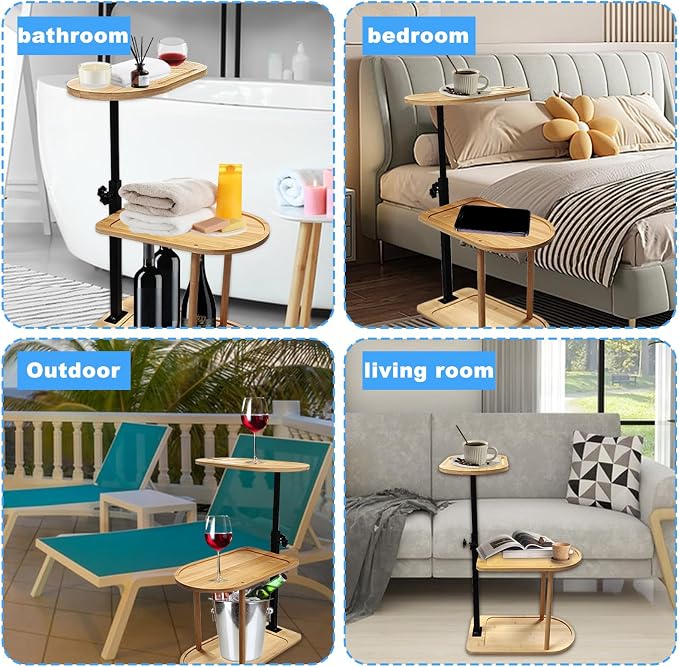 3 Layer Bath Tub Tray Table Liftable Freestanding Bamboo Bath Tray Caddy for Tub Against Wall Shelf Bathroom Organizer Shelf for Luxury Spa (Oval)