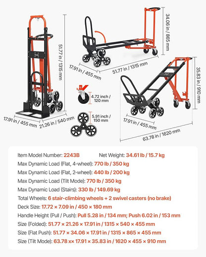 VEVOR 3 in 1 Industrial Convertible Stair Climbing Cart, 770 lbs Max Load, Folding Hand Truck Dolly with Handle & Wheels, Stair Climbing Utility Trolley for Transport & Moving, Orange & Silver