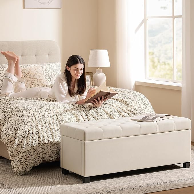 47.2" Ottoman with Storage, Storage Ottoman Bench with Safety Hinge,Tufted End of Bed Bench, Upholstered Entryway Bench for Bedroom, Living Room & Window (Ivory-Upgraded Version)