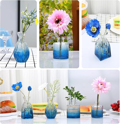 Mapoxy Glass Bud Vases Set of 4,Small Deep Blue Flower Vases for Wedding Centerpiece Table Decorations,Clear Vintage Embossed Mini Vases,Flower Arrangements in Vases for Party or Home Decor