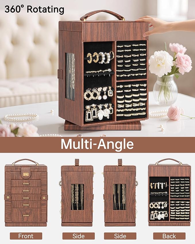 AKOZLIN 360° Rotating Jewelry Box 6-Tier Organizer Functional Jewelry Storage Case for Women Girls Ring Necklace Earring Bracelet Holder with Mirror Red Brown