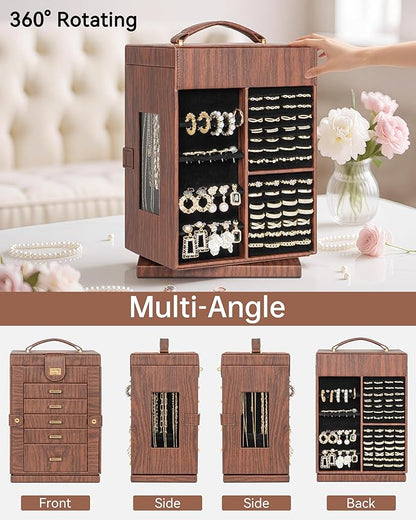 AKOZLIN 360° Rotating Jewelry Box 6-Tier Organizer Functional Jewelry Storage Case for Women Girls Ring Necklace Earring Bracelet Holder with Mirror Red Brown