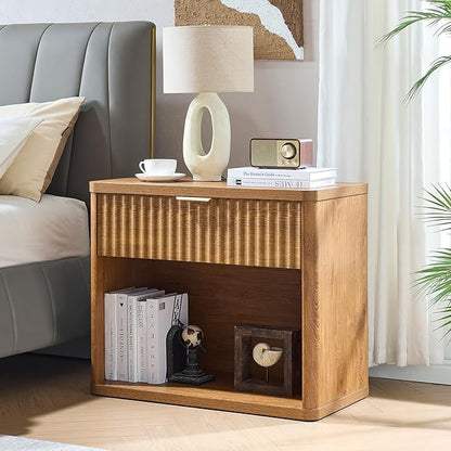 LEYAOYAO 31" Wide Fluted Nightstand with Charging Station, Oversized Extra Large 1 Drawer Night Stand with Golden Handle, Brown Wood Bedside Table Tall End Tables,for Bedroom, Living Room, Hallway