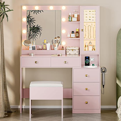 Vanity Desk with Mirror and Lights, Pink Makeup Vanity with 5 Drawers Hidden Jewelry Organizer& LED Glass Cabinet,3 Light Mode and Brightness Adjusted,Vanity Mirror with Lights Desk and Chair