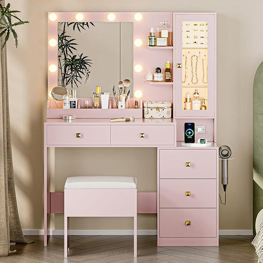 Vanity Desk with Mirror and Lights, Pink Makeup Vanity with 5 Drawers Hidden Jewelry Organizer& LED Glass Cabinet,3 Light Mode and Brightness Adjusted,Vanity Mirror with Lights Desk and Chair