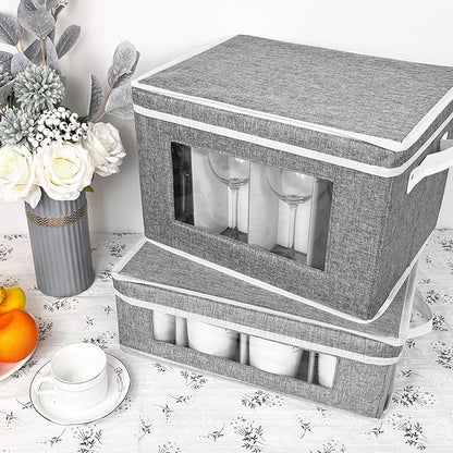 homyfort Mug and Wine Glass Storage Box with Dividers, Stemware Storage Cases and Coffee Cup Storage Organizer, China Crystal Storage Containers Hard Shell for Glassware Protection and Moving (Grey)