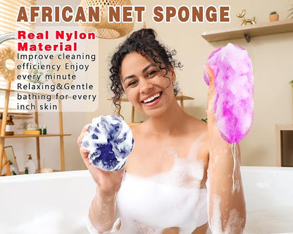 2 Pack African Net Sponge Exfoliating Body Scrubber Bath Sponge for Daily Use (Navy Blue+Indigo)