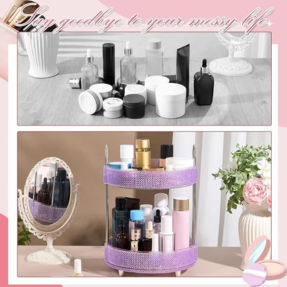 Honeydak 360 Rotating Perfume Organizer Gift for Women, Rhinestone Preppy Skincare Organizer Bathroom Counter Makeup Holder Skincare and Perfume Storage for Cosmetic(2 Tiers,Pearl,Purple)