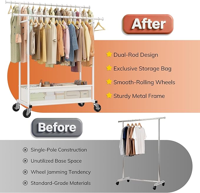Clothes Rack, Clothing Racks for hanging clothes, Rolling clothes rack with Storage Basket & Heavy Duty Wheels, Double rods clothing rack for Bedroom, Laundry Room, White
