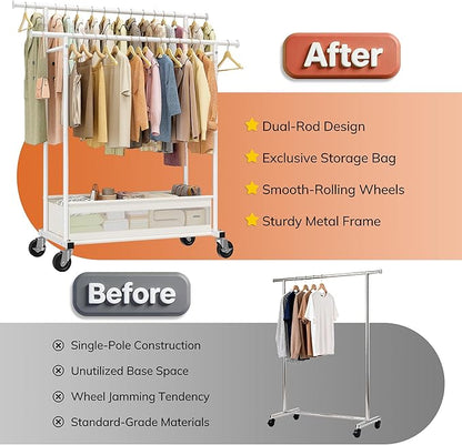 Clothes Rack, Clothing Racks for hanging clothes, Rolling clothes rack with Storage Basket & Heavy Duty Wheels, Double rods clothing rack for Bedroom, Laundry Room, White
