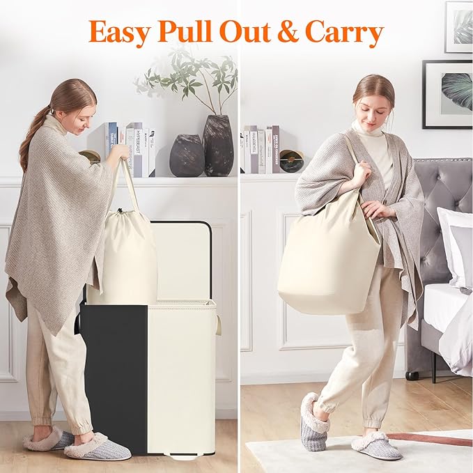 Lifewit Double Laundry Hamper with Lid and Removable Laundry Bags, Large Collapsible 2 Dividers Dirty Clothes Basket with Handles for Bedroom, Laundry Room, Closet, Bathroom, College, 155L White&Black
