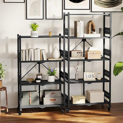 WORKPRO 4-Tier Folding Shelf, No-Assembly Metal Storage Rack with Wheels, 600 lbs Capacity (with Leveling Feet), Collapsible Shelving Unit for Kitchen, Pantry, Bathroom & Closet Organization