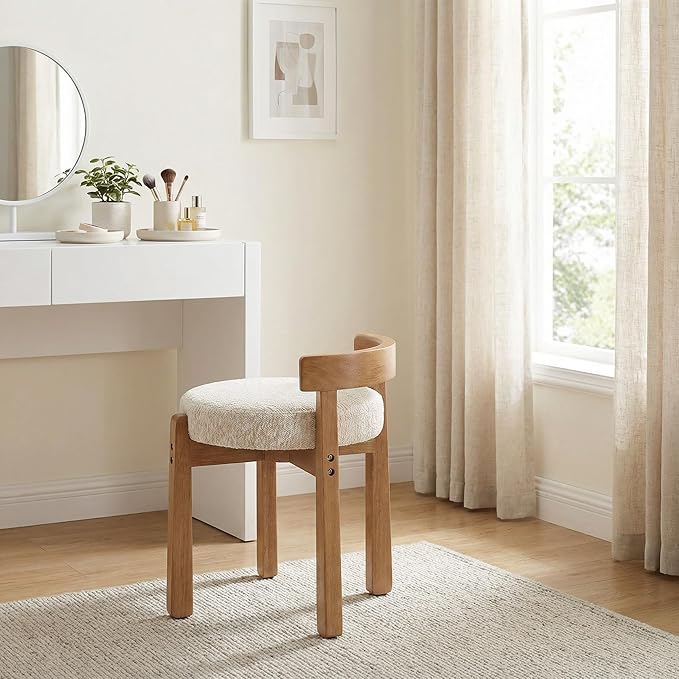 HNY Modern Chenille Vanity Stool & Ottoman Set of 2 Upholstered Round Seat with Solid Wood Legs, for Makeup Dressing, Living Room Footrest or Piano Bench, Beige