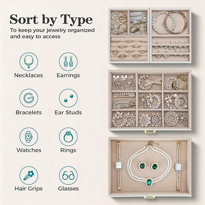 Dajasan Jewelry Organizer Box, Large Jewelry Boxes for Women Girls, Space-Saving 3 Layers Jewelry Storage Case with Drawer, Movable Metal Stand, Modern, Gift Idea (Cloud White + Gold)