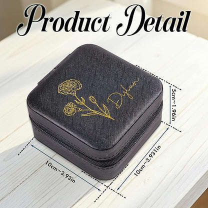 Custom Leather Jewelry Organizer Box with Name & Birth Flower – Personalized Travel Jewelry Case, Small Travel Jewelry Case, Birthday Gift for Women, Bridesmaid Proposal (Flower 3)
