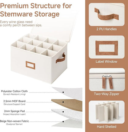 StorageWorks Stemware Storage Cases, Hard Shell Wine Glass Storage Box with Dividers for Glassware, Crystal, and China Holds 12 Standard Size Wine Glasses, 2 Pack, Beige
