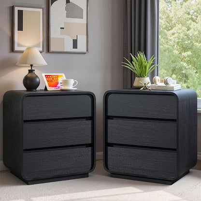 Black Night Stand Set of 2 with Charging Station, 25" Tall Wood Nightstand, Modern Dresser End Table with 3 Storage Drawers, Curved Profile, Mid Century Bedside Table for Bedroom Office