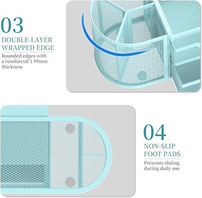 SUPEASY Mesh Desk Organizer, Desk Organizers and Accessories, Pen Holder with Drawers, Pencil Holder for Desk with 2 Drawer for Office Supplies, Blue