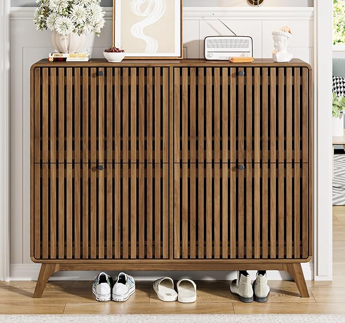Large Shoe Cabinet for Entryway, Bamboo Narrow Shoe Cabinet Storage with 4 Flip Drawers, Slim Fluted Shoe Rack Organizer for Entry Way, Hallway, Thin, Skinny, Wood, Walnut