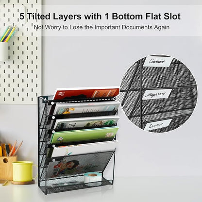 EasyPAG 5 Tier Wall File Holder, Mesh Hanging Folder Organizer with Classify Label, Versatile Desk File Holder, Vertical Wall Mounted Mail Organizer for Office Home Cubicle, Black