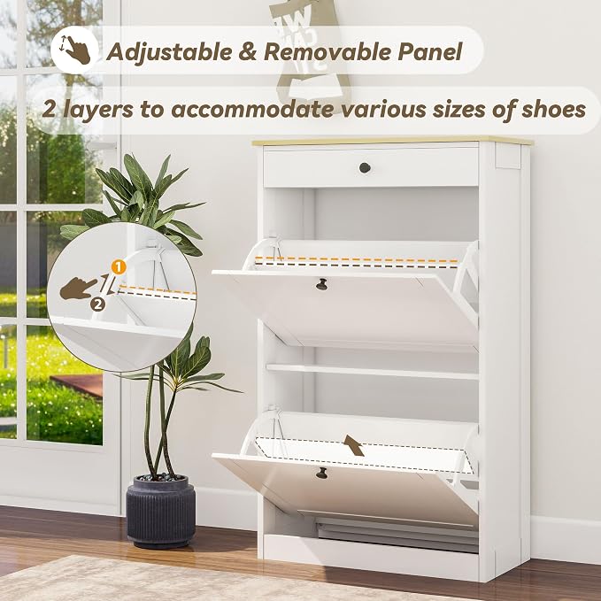 FTZxHKLX Shoe Cabinet with 2 Flip Drawers, Slim Wooden Hidden Shoe Organizer with Drawer, Pet-Proof Narrow Shoe Storage Cabinet for Entryway Living Room Behind The Door