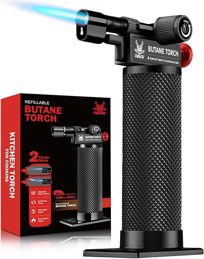 RAVS Butane Torch Lighter, DUAL Flame Mode Kitchen Torch with Adjustable Flame, Refillable Creme Brulee Torch for Baking, Cooking, Metal Body Soldering Torch, Black/Red, Butane Gas Not Included