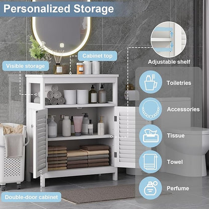 White Bathroom Storage Cabinet with Shutter Doors, 31.5 x 23.6 x 15.7 in Freestanding Floor Cabinet with Removable Shelf, for Bathroom, Living Room, Kitchen
