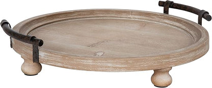Kate and Laurel Bruillet Round Wooden Footed Tray with Handles, 15 inch Diameter, Rustic Finish