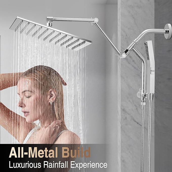 All Metal 12 Inch Rain Shower Head with Handheld Built-in Power Wash Mode, High Pressure Waterfall Rainfall Square Shower Heads with 16" Adjustable Extension Arm, Dual Showerhead(Chrome)