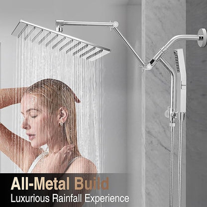 All Metal 12 Inch Rain Shower Head with Handheld Built-in Power Wash Mode, High Pressure Waterfall Rainfall Square Shower Heads with 16" Adjustable Extension Arm, Dual Showerhead(Chrome)
