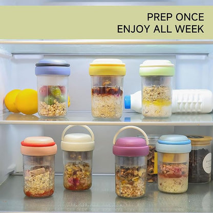 Overnight Oats Containers with Handles & Lids – 16oz Glass Mason Jars with Spoons & Fruit Compartments, Chia Pudding Jars with Lids, 4 Sets (Cream, Blue, Yellow, Pink)