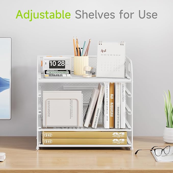 5 Tier Paper Organizer with Handle, White Metal Mesh Desk Organizer File Folder Paper Letter Tray Desktop Document Sorter for Classroom, School, Office Accessories Organization and Storage
