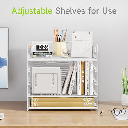 5 Tier Paper Organizer with Handle, White Metal Mesh Desk Organizer File Folder Paper Letter Tray Desktop Document Sorter for Classroom, School, Office Accessories Organization and Storage