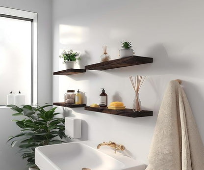 YYWUOJJ Wood Floating Shelves for Wall Decor, Rustic Wall Shelves for Bedroom Bathroom Kitchen Living Room, Set of 6 Walnut